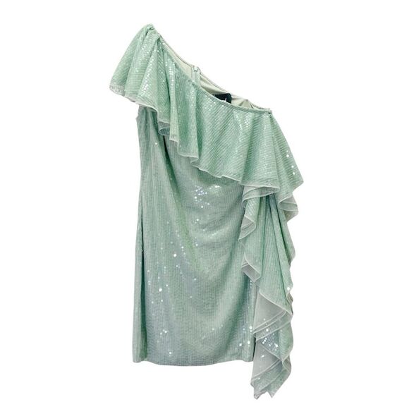 Mac Duggal Sage Sequin One Shoulder Ruffle Mini Dress Size 6 Party Cocktail - Picture 2 of 16
